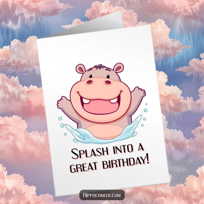 Funny Free Printable Birthday Card: A chubby hippo with a huge toothy grin splashing water with pure delight.