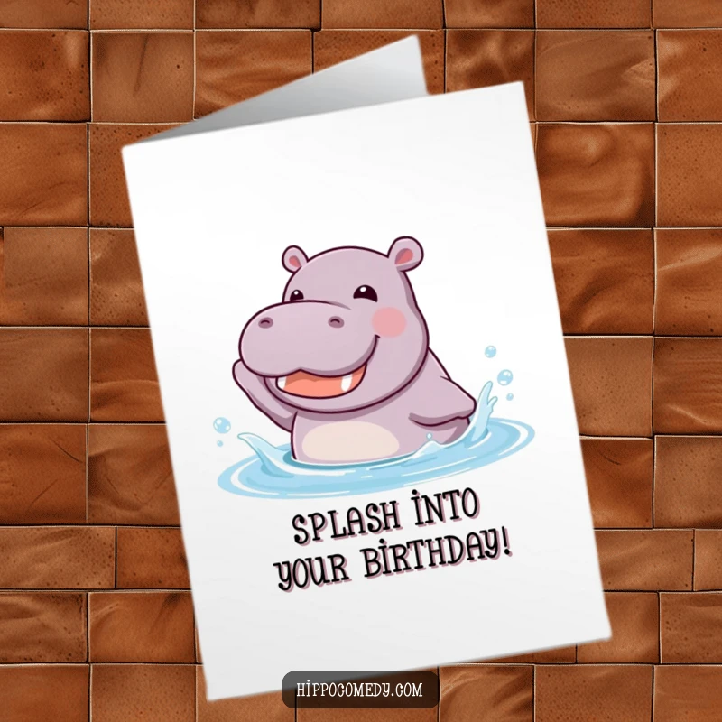 Funny Free Printable Birthday Card: A kawaii hippopotamus joyfully splashes in water with a wide, happy grin, wishing a spectacular birthday.