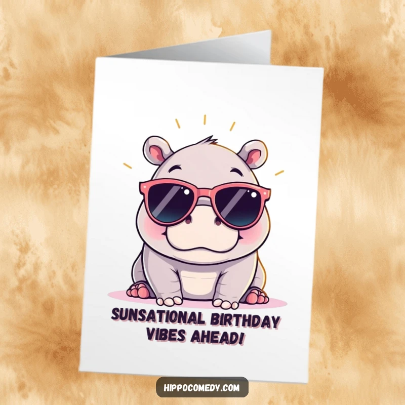 Funny Free Printable Birthday Card of a Kawaii Hippo in Oversized Sunglasses, Blissfully Sunbathing.