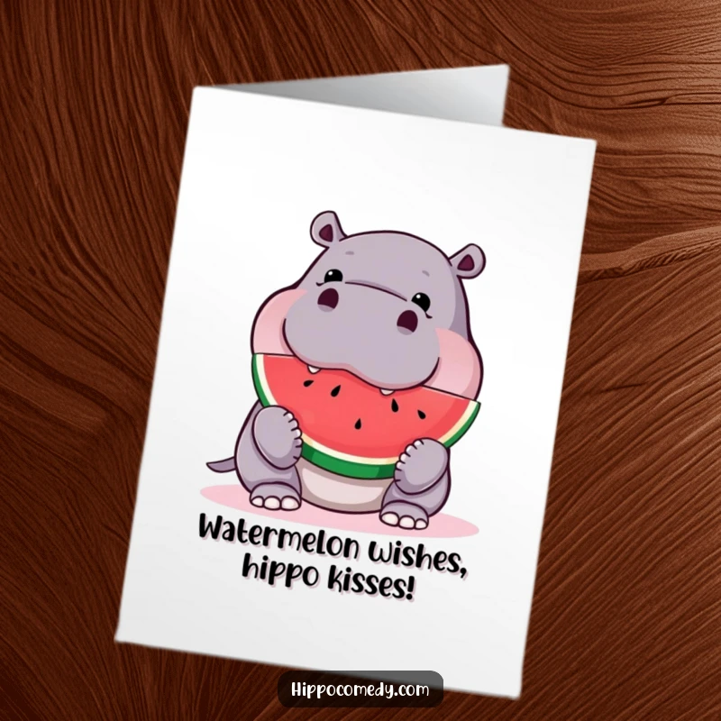 Funny Free Printable Birthday Card: Curious hippo enthusiastically takes a huge bite of a juicy watermelon slice.