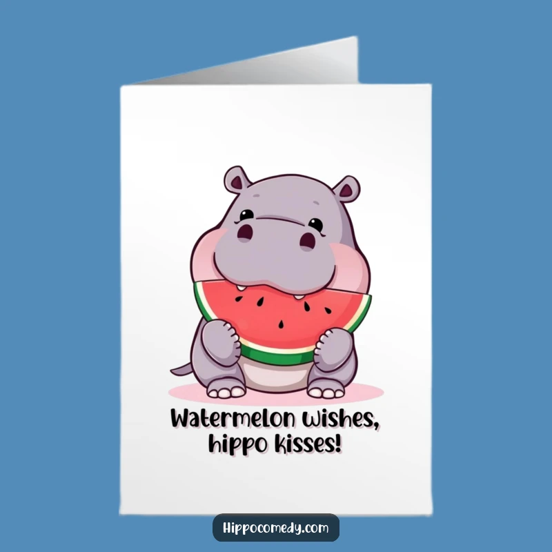 Free Printable Birthday Card: Funny Hippo Devouring Watermelon, Hilarious Downloadable Gift