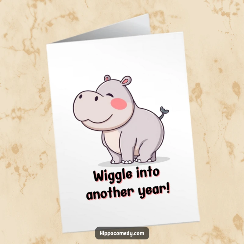 Funny Free Printable Birthday Card showing a happy hippo doing a silly wiggle with its stubby tail, full of birthday fun.