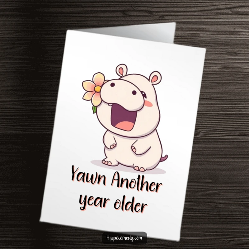 Funny free printable birthday card featuring a charming kawaii hippopotamus with a flower in its ear, yawning adorably.