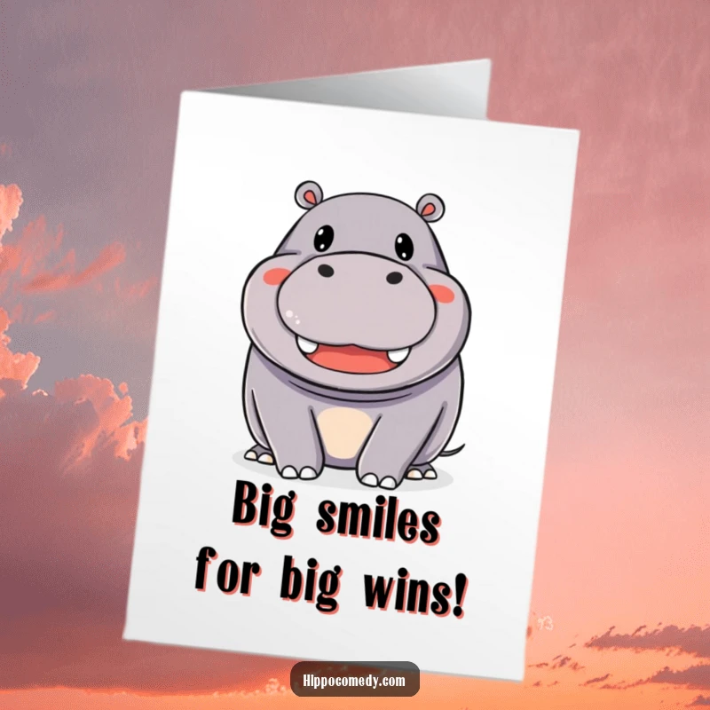 Funny Free Printable Congrats Card: A hippopotamus showing off a huge, happy, beaming smile, full of cheer.
