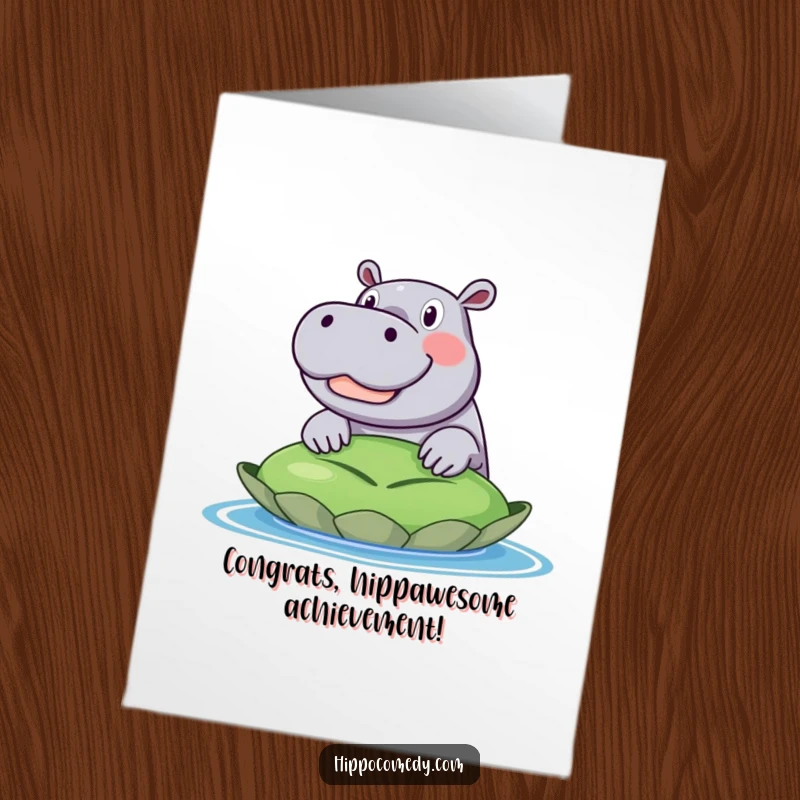 Funny Free Printable Congratulations Card: An excited hippo peeking over a large lily pad with a joyful grin.