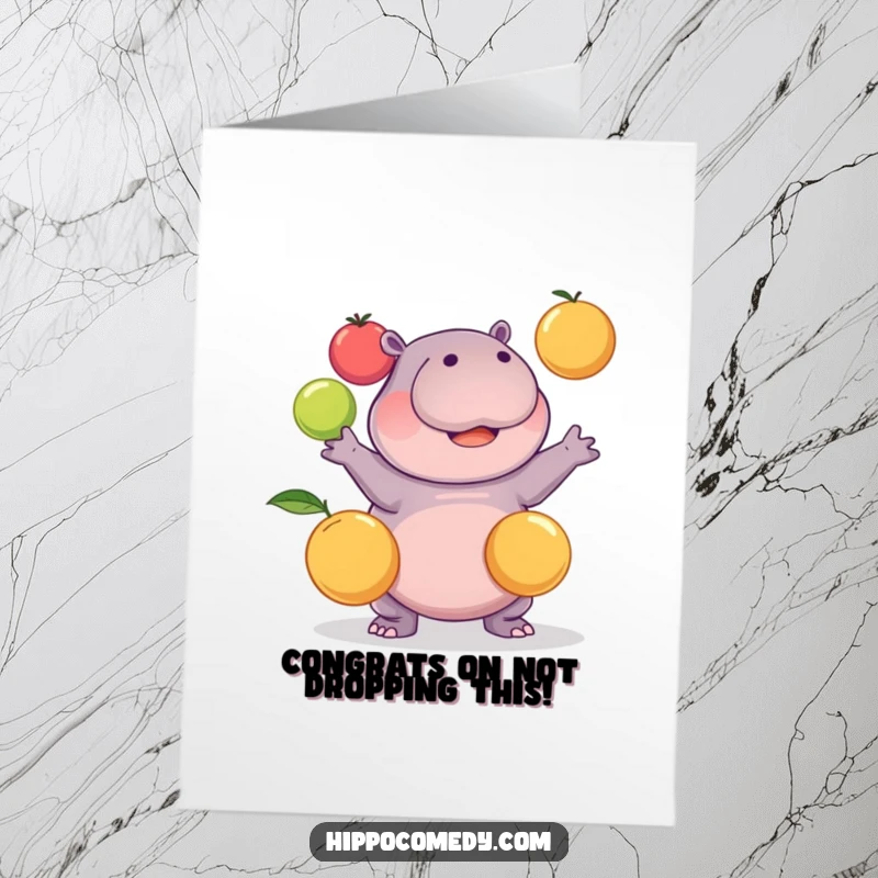Funny Free Printable Congratulations Card: Kawaii hippo gleefully juggles fruits, signifying a successful achievement.