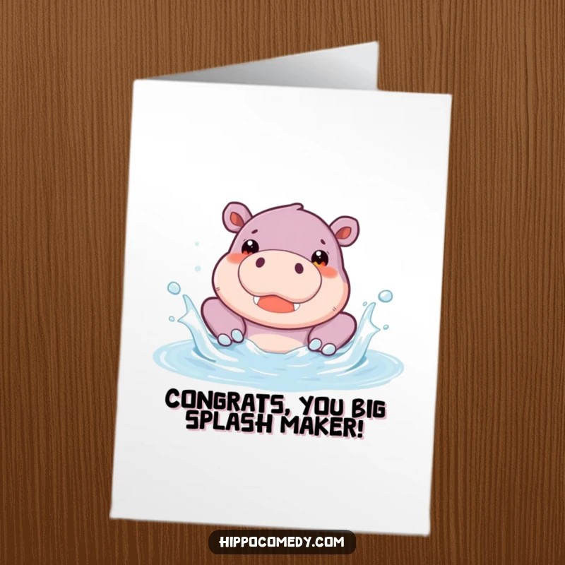 Funny Free Printable Congratulations Card: A joyful hippopotamus character exuberantly splashing water in a pool.