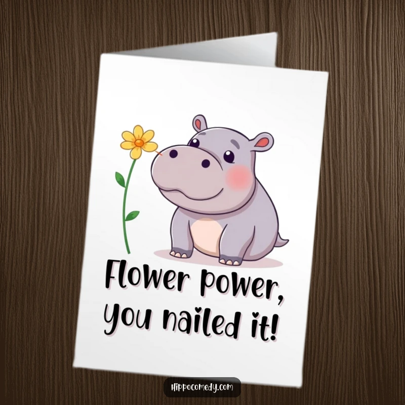 Funny Free Printable Congrats Card: A playful hippopotamus attempting to balance a delicate flower on its nose tip.