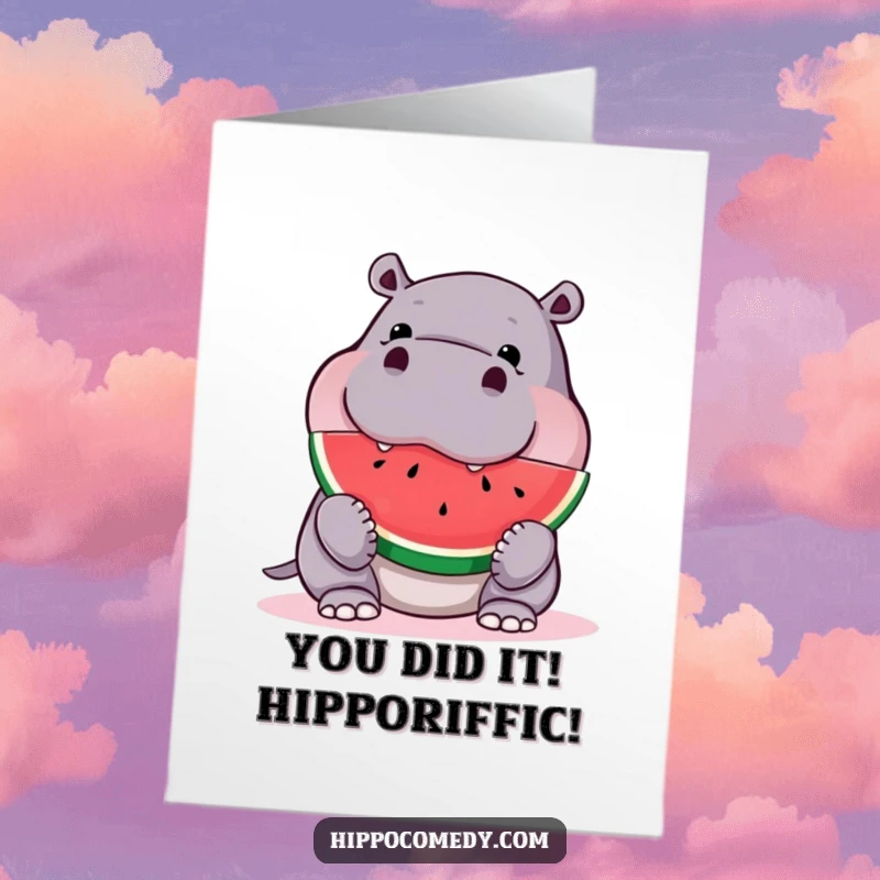 Funny Free Printable Congrats Card: Amused hippo joyfully devours a watermelon slice, celebrating a big achievement.