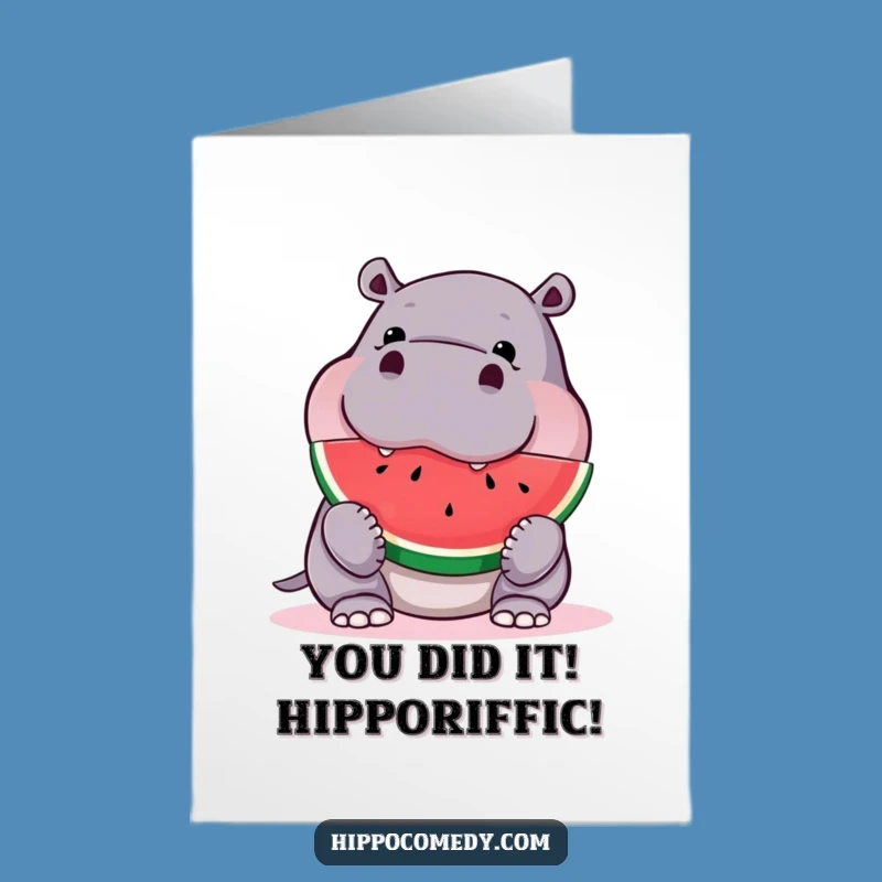 Free Printable Congrats Card: Amused Hippo Celebrating with Watermelon, Joyful Downloadable Gift