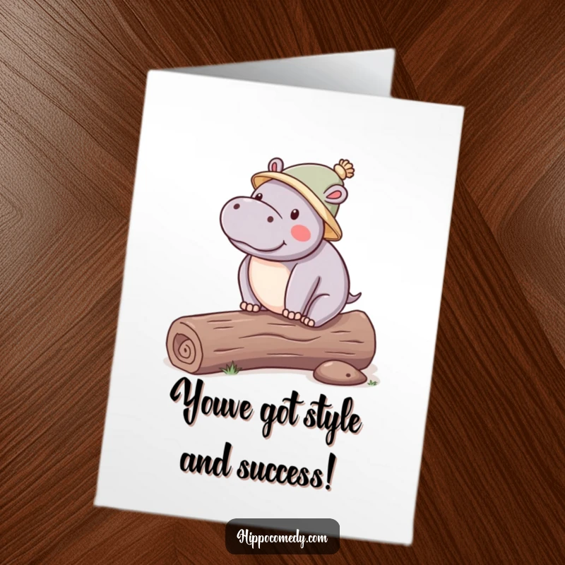 Funny Free Printable Congrats Card: Kawaii hippo in a hat, balancing on a log, a humorous way to celebrate achievements, print at home.