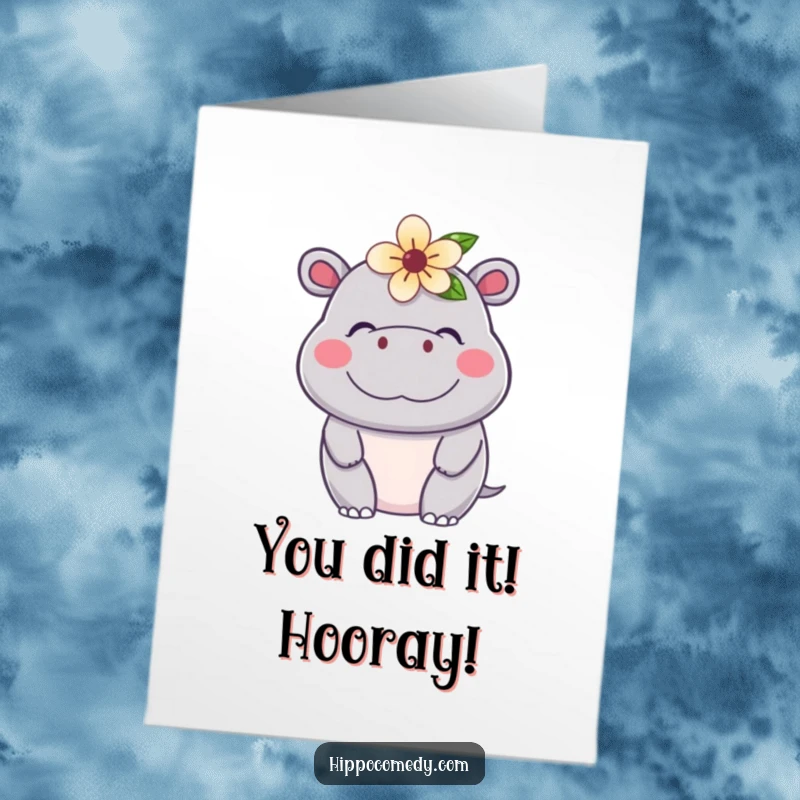 Funny Free Printable Congratulations Card showcasing a content kawaii hippo with a flower, radiating pure joy and success vibes.