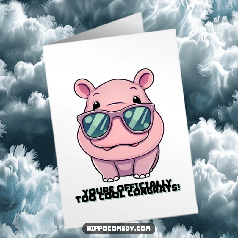 Funny Free Printable Congrats Card: A kawaii hippo wearing cool oversized sunglasses, exuding confidence and style.
