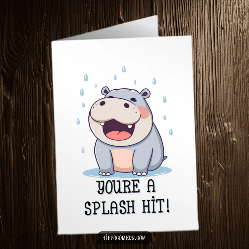 Funny Free Printable Congrats Card: A delighted hippo with mouth wide open, joyfully catching falling raindrops, a cheerful celebration.