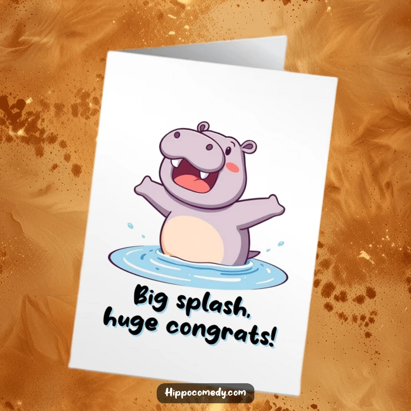 Funny Free Printable Congratulations Card: Excited hippopotamus jumping with exhilaration to celebrate a fantastic achievement.