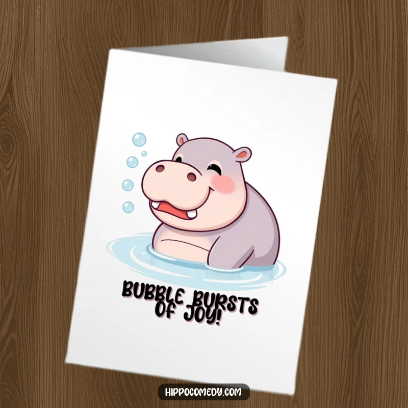 Funny Free Printable Congrats Card: A hippopotamus giggling hysterically while blowing large, iridescent bubbles in water.