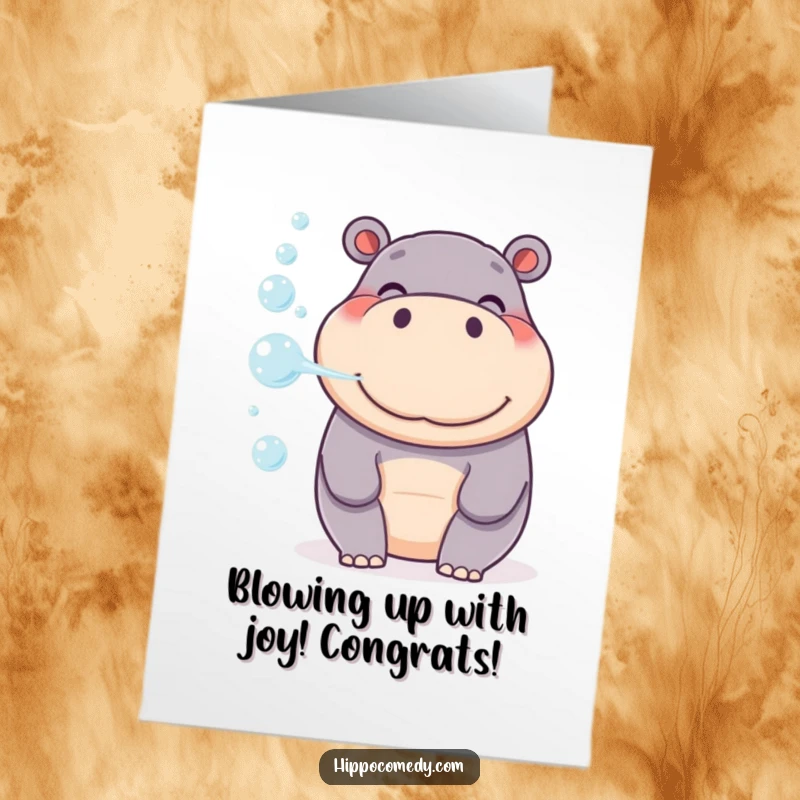 Funny Free Printable Congrats Card: A happy hippo smiling while blowing a stream of delicate bubbles.