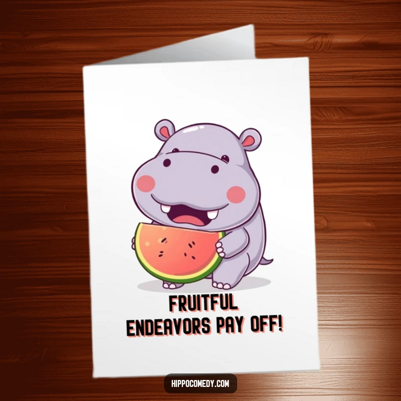 Funny Free Printable Congrats Card: Kawaii hippo with joyful expression, eating a large fruit, a cheerful and sweet congratulatory message, print at home.