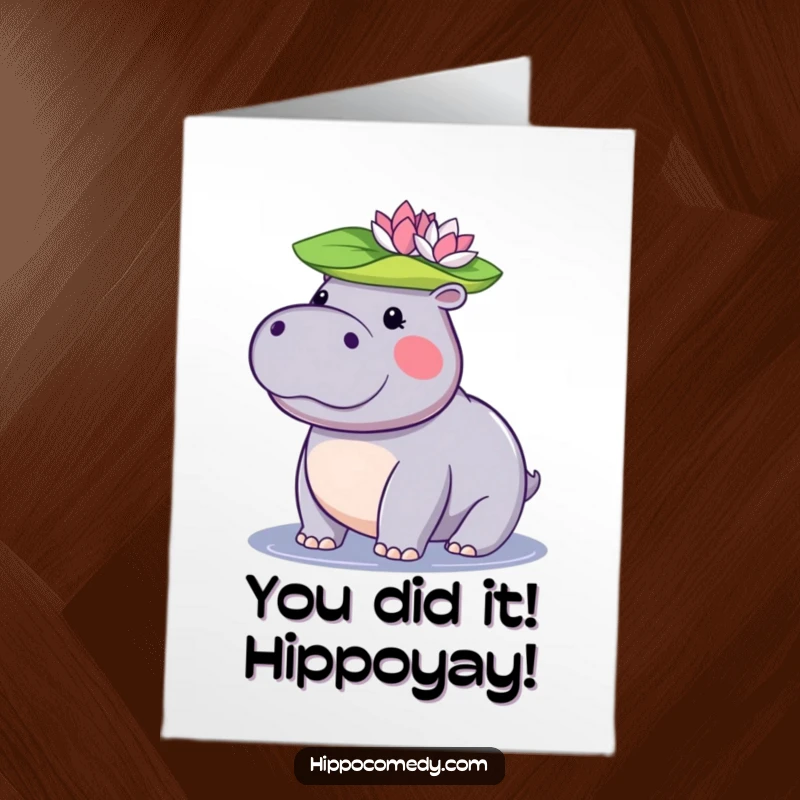 Funny Free Printable Congrats Card: Kawaii Hippo Masters Lily Pad Balance Celebrating an Achievement
