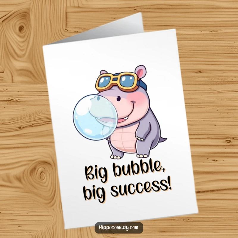 Funny Free Printable Congratulations Card: A kawaii hippo wearing comically large goggles is expertly blowing a very large, shimmering bubble.