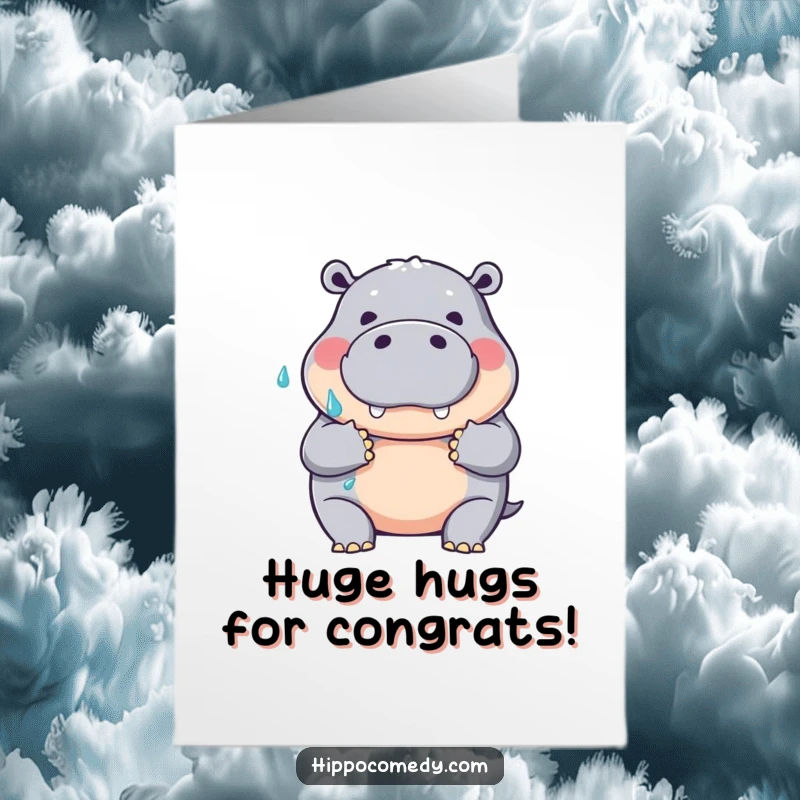 Funny Free Printable Congratulations Card: A joyful hippopotamus extending arms for a huge, welcoming hug to celebrate good news.
