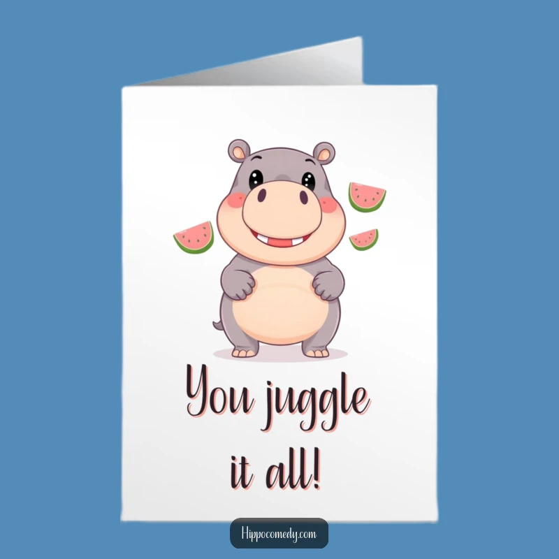 Free Printable Congrats Card: Hippo's Juggling feat, Funny Downloadable Gift for Big Wins