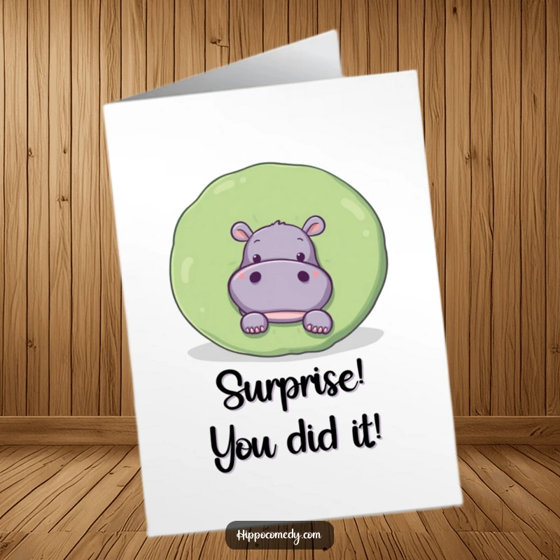 Funny Free Printable Congratulations Card: A curious hippo playfully peeks from behind a giant, round lily pad.