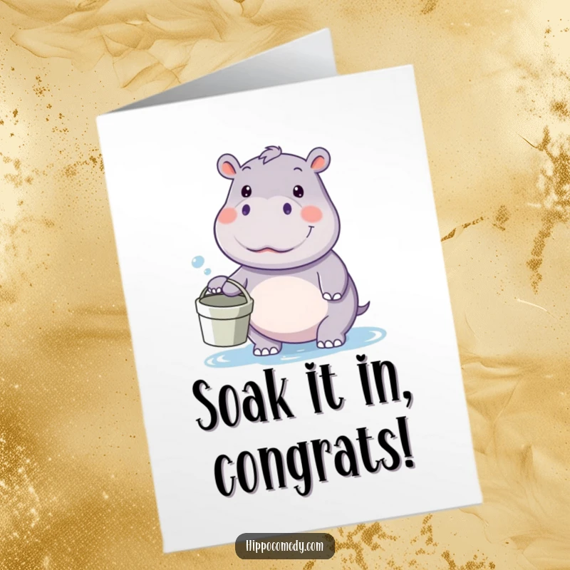 Funny Free Printable Congrats Card: A kawaii hippopotamus with a bucket, ready to drench someone in celebratory fun.