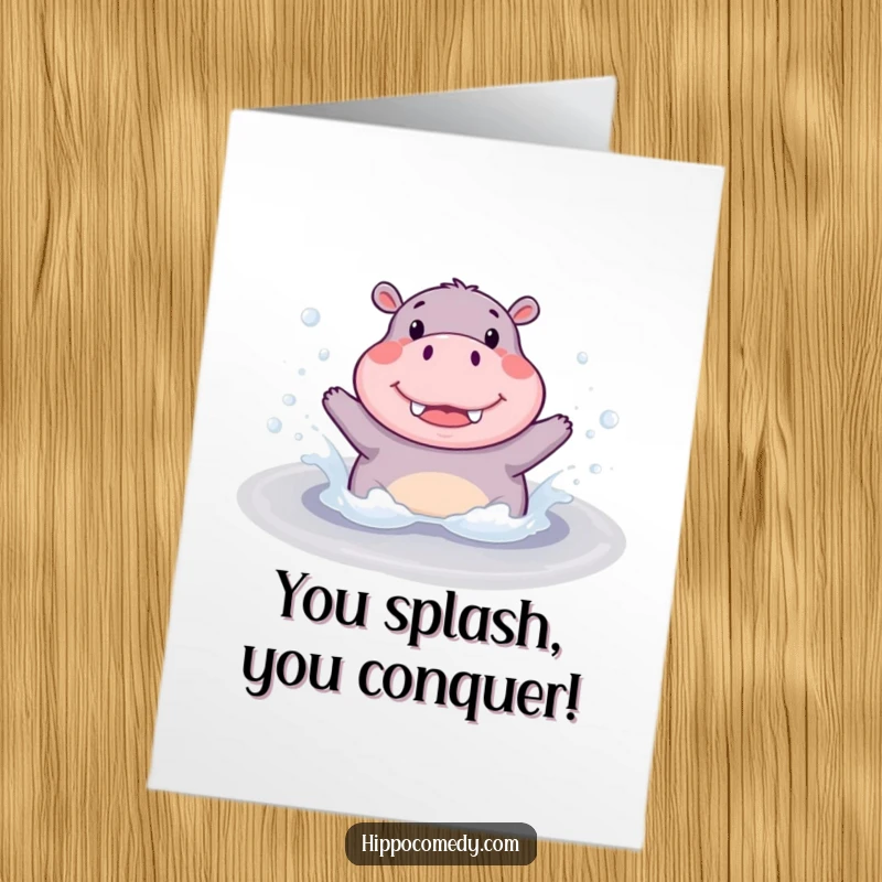 Funny Free Printable Congrats Card: Cute hippopotamus making a big splash in bubbly water, radiating happiness.
