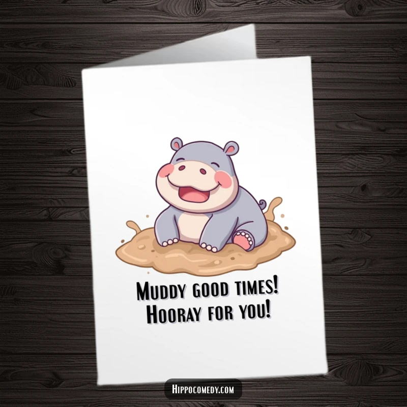 Funny Free Printable Congrats Card: A happy hippo gleefully rolling in a patch of soft, inviting mud.