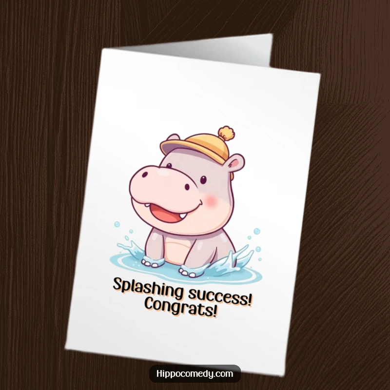 Funny Free Printable Congratulations Card: Smiling Hippo Cub Wearing a Hat Making a Silly Splash in Water