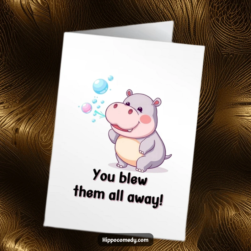 Funny Free Printable Congratulations Card featuring a playful hippo blowing a vibrant stream of rainbow-colored bubbles.