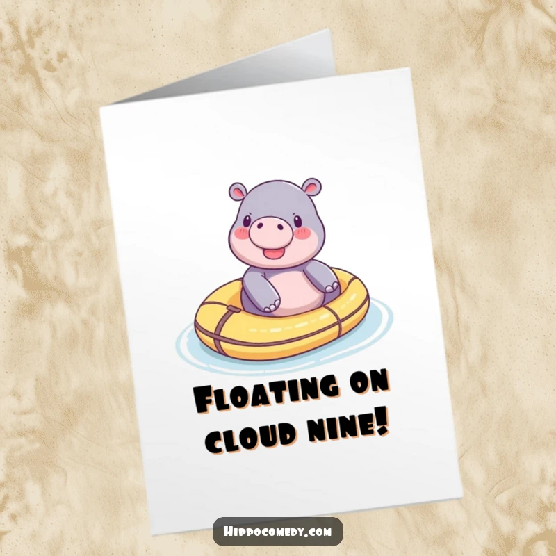 Funny Free Printable Congrats Card: A tiny hippo beams with joy while happily floating on a toy raft.