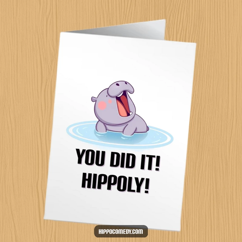 Funny Free Printable Congrats Card: A yawning hippo in a serene pond offers a humorous congratulatory message, effortlessly cool.
