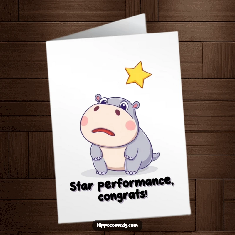 Funny free printable congratulations card: A hippo with wide, surprised eyes looks up at a floating, sparkling star.