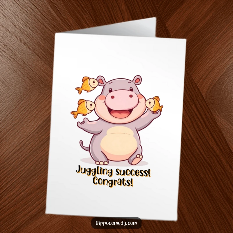 Funny free printable congratulations card showing a happy hippopotamus juggling three fish, symbolizing mastering a difficult task.