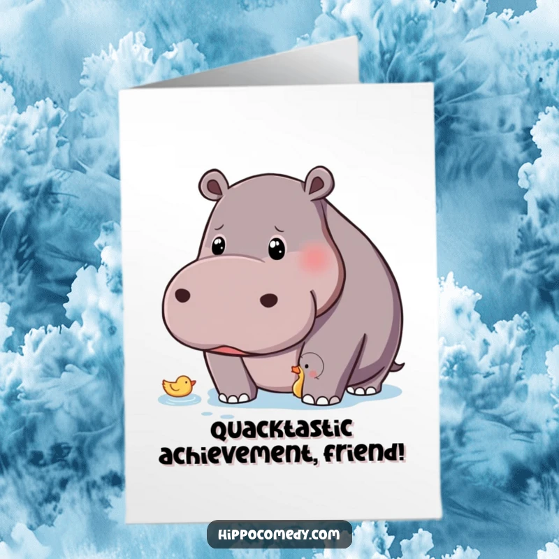 Funny Free Printable Congrats Card: A curious hippo observes a small duck floating nearby.