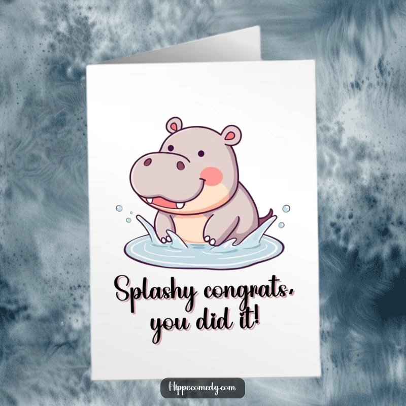 Funny Free Printable Congratulations Card: A cute hippopotamus joyfully splashing in a puddle, celebrating success with gusto.