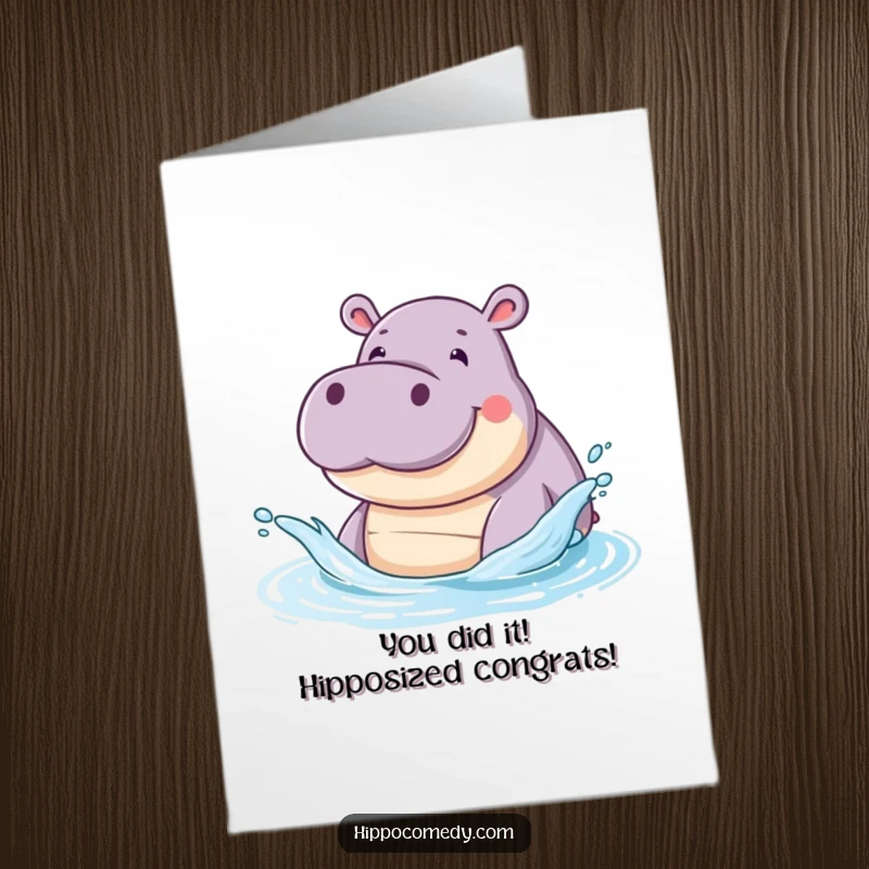 Funny Free Printable Congratulations Card showing a happy hippo splashing water, perfect for celebrating big wins.