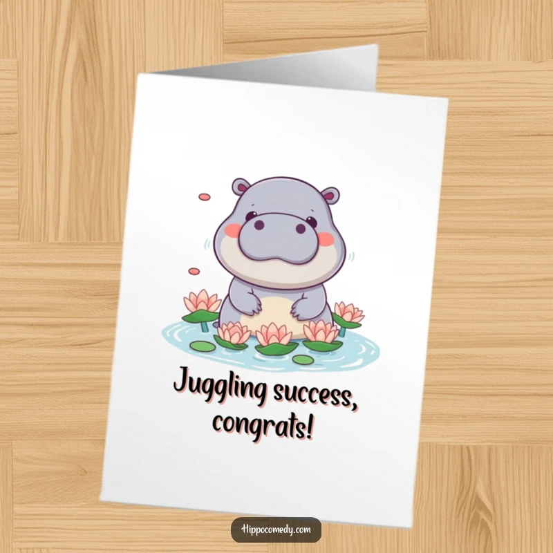 Funny free printable congratulations card with a cute kawaii hippo skillfully juggling water lilies with its snout.