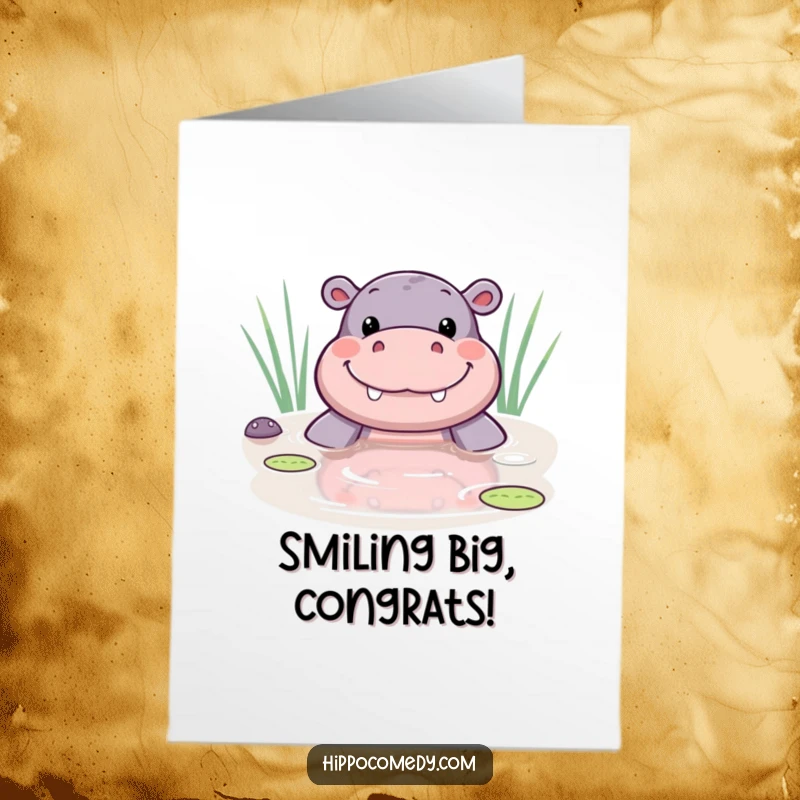 Funny free printable congratulations card featuring a cute kawaii hippo peeking from a pond, smiling widely.