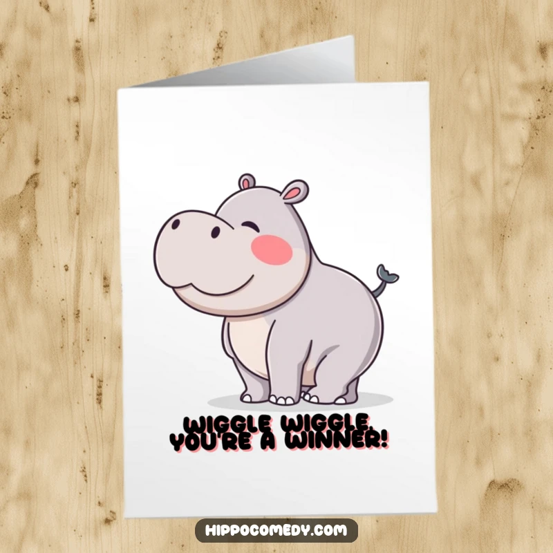 Funny Free Printable Congratulations Card of a hippo doing a silly tail wiggle, celebrating a wonderful success.