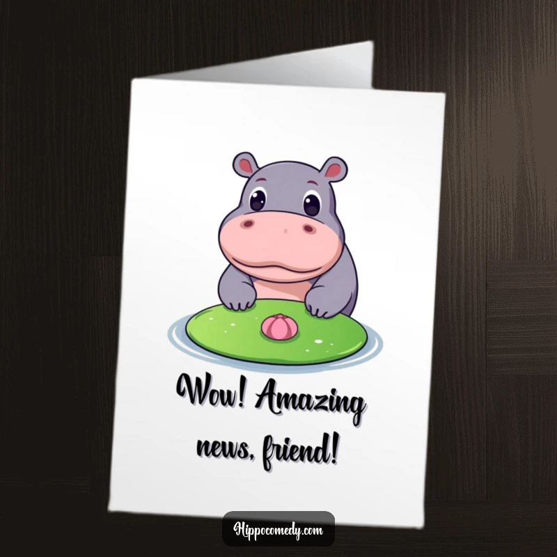 Funny Free Printable Congratulations Card showing a hippo with wide eyes admiring a lily pad, celebrating a great moment.