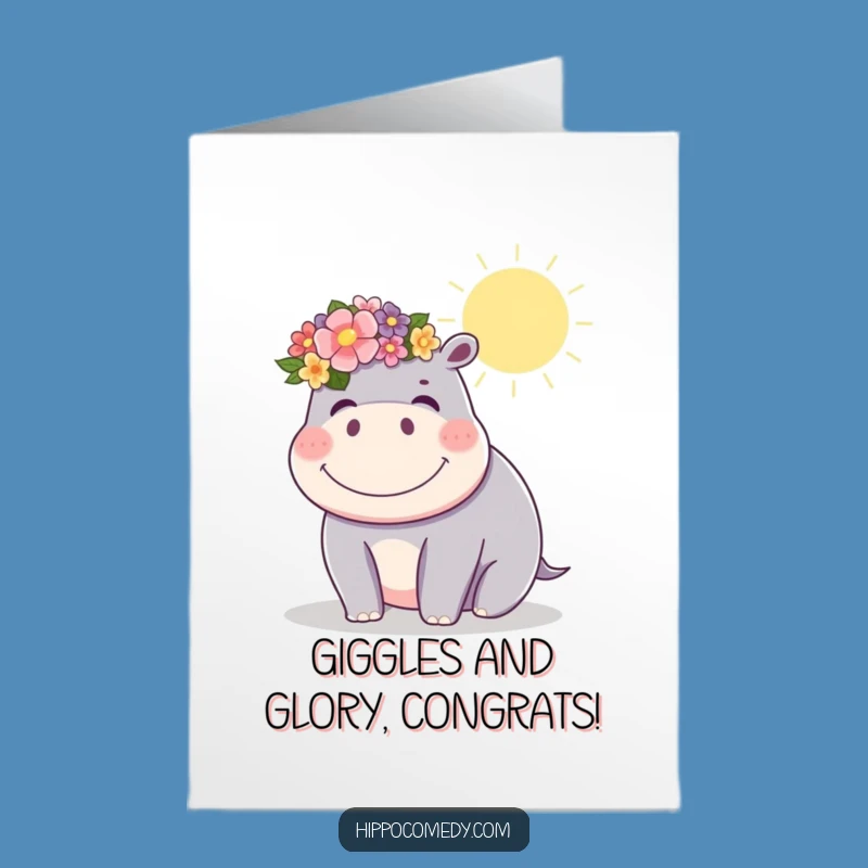 Free Printable Joyful Congrats Card: Giggling Flower Hippo, Downloadable DIY Gift