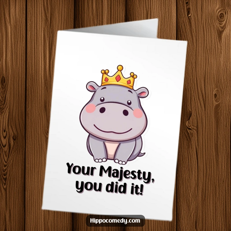 Funny Free Printable Congratulations Card: A silly hippo sports a small crown, looking smug and pleased, downloadable celebration art.