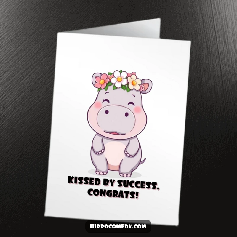 Funny free printable congratulations card showing a cute kawaii hippo in a flower crown blowing a kiss.