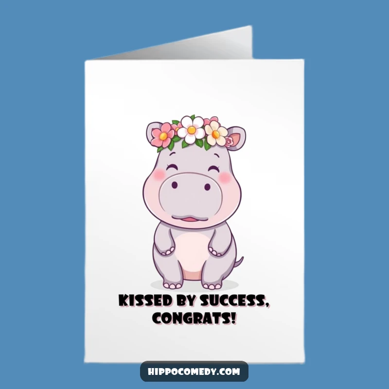 Free Printable Kawaii Hippo Congrats Card: Flower Crown Kiss Download