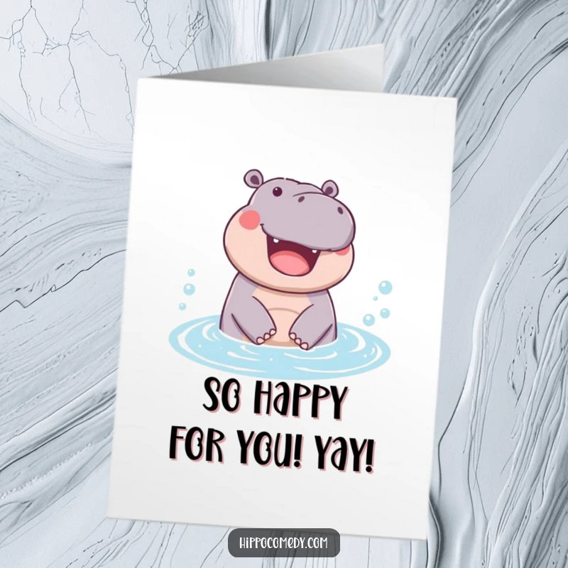 Funny Free Printable Congratulations Card featuring a hippo emerging from bubbles, celebrating success with joy.