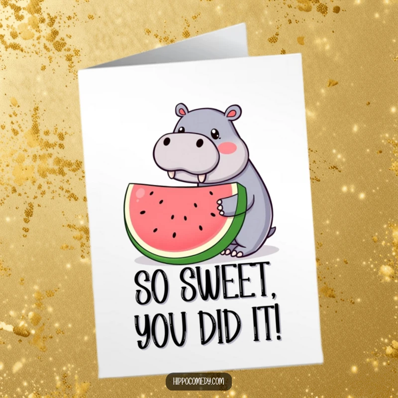 Funny Free Printable Congratulations Card: Cute kawaii hippopotamus presenting a massive slice of watermelon, symbolizing sweet success.