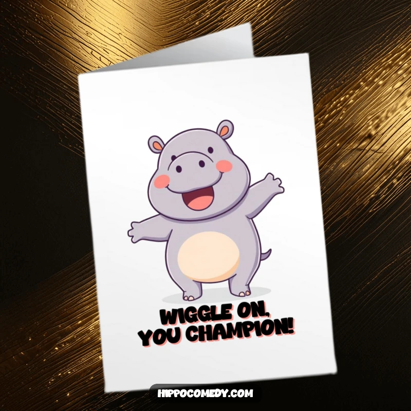Funny Free Printable Congratulations Card: A happy hippopotamus doing a silly wiggle dance. Cheerful and celebratory hippo art.